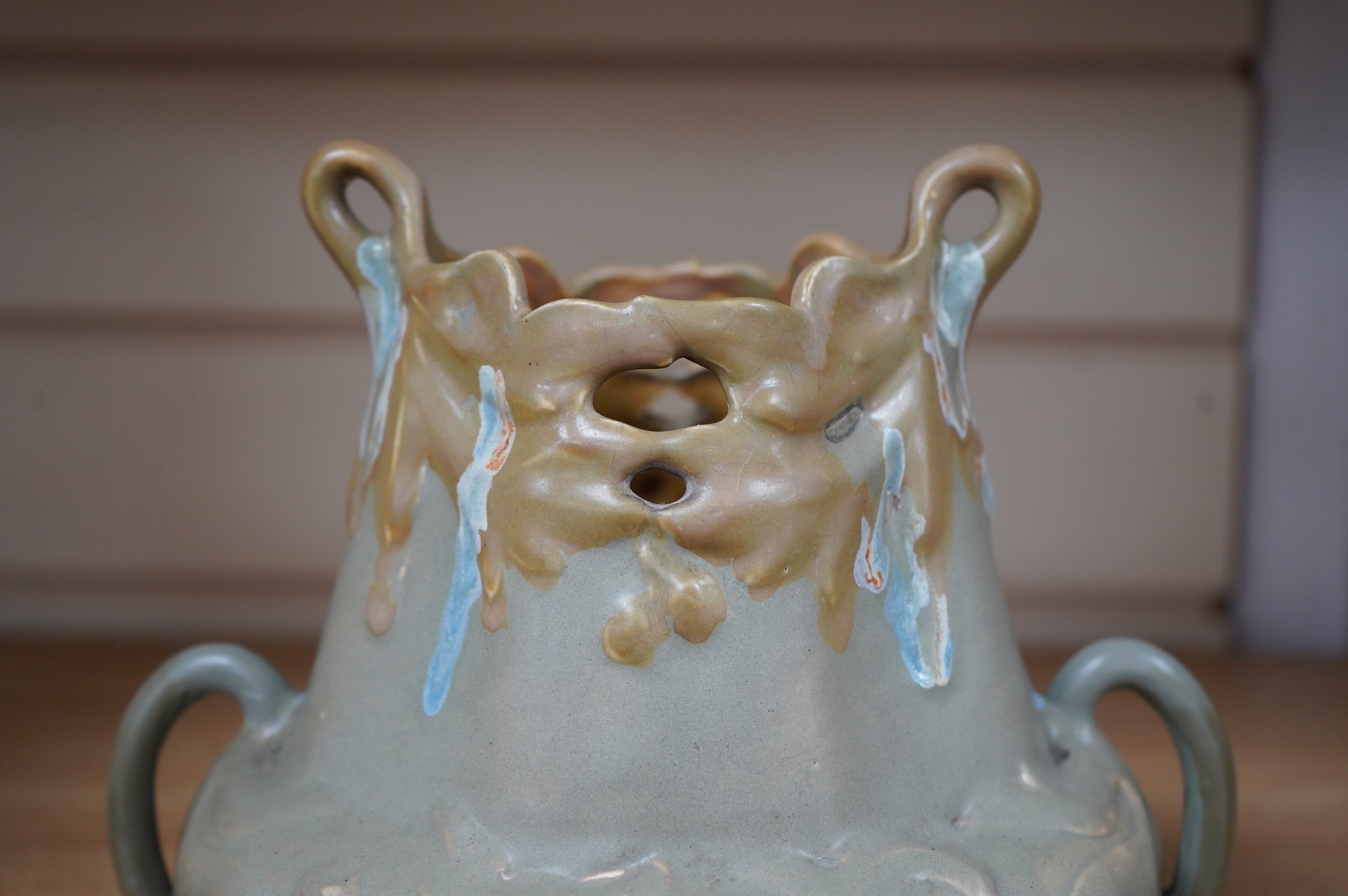 A French Art Nouveau pottery vase, 19cm. Condition - crazing visible in areas